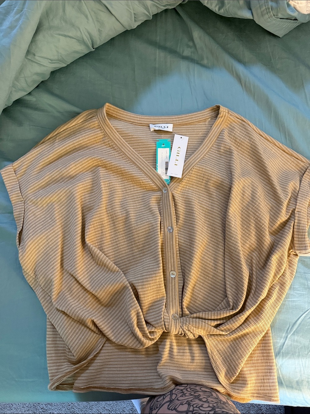 Gilli Tan Striped Button-Front Short Sleeve Top
